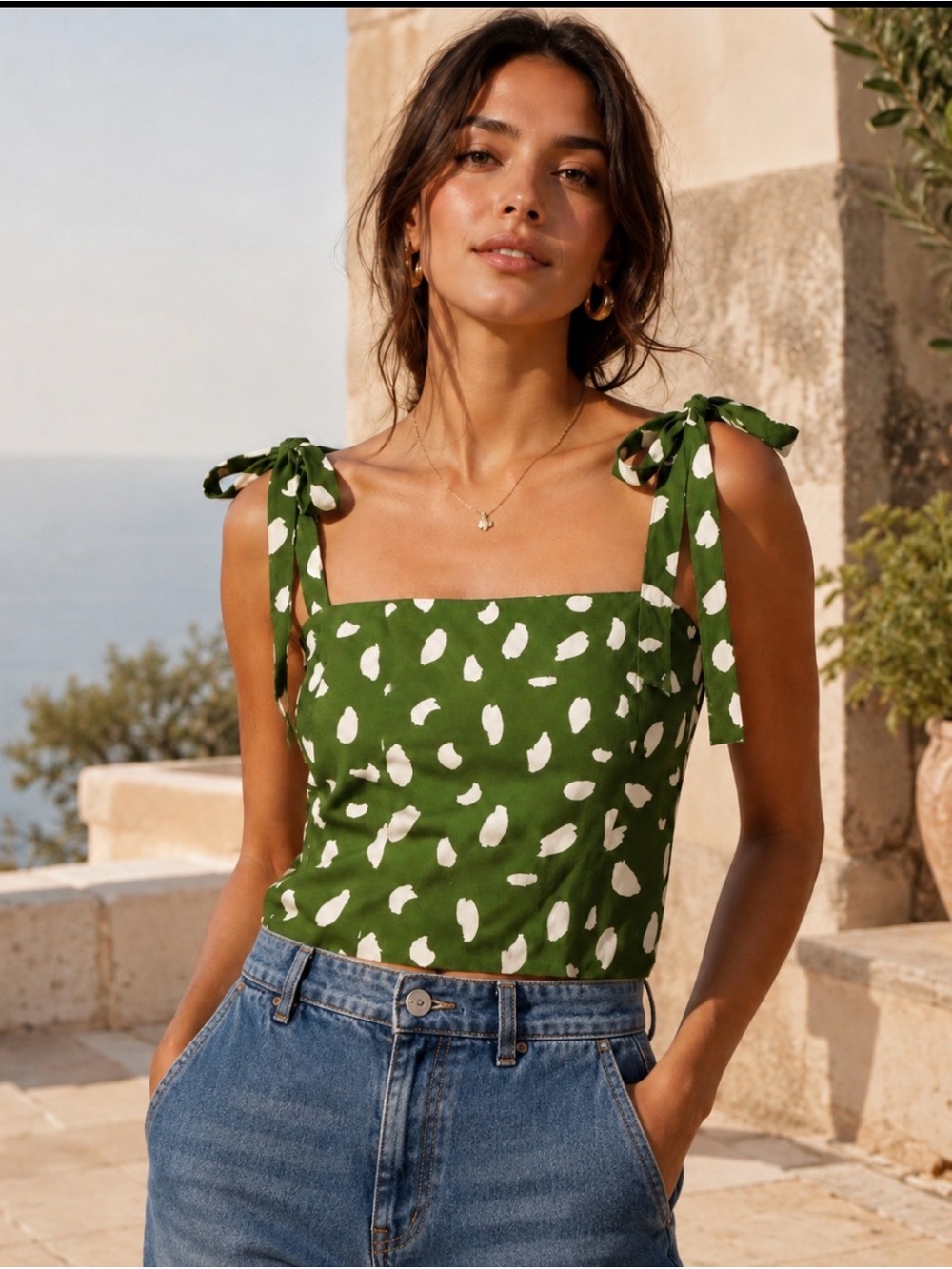 Reformation Green Ivory Print Tie Strap Crop Top Size 6